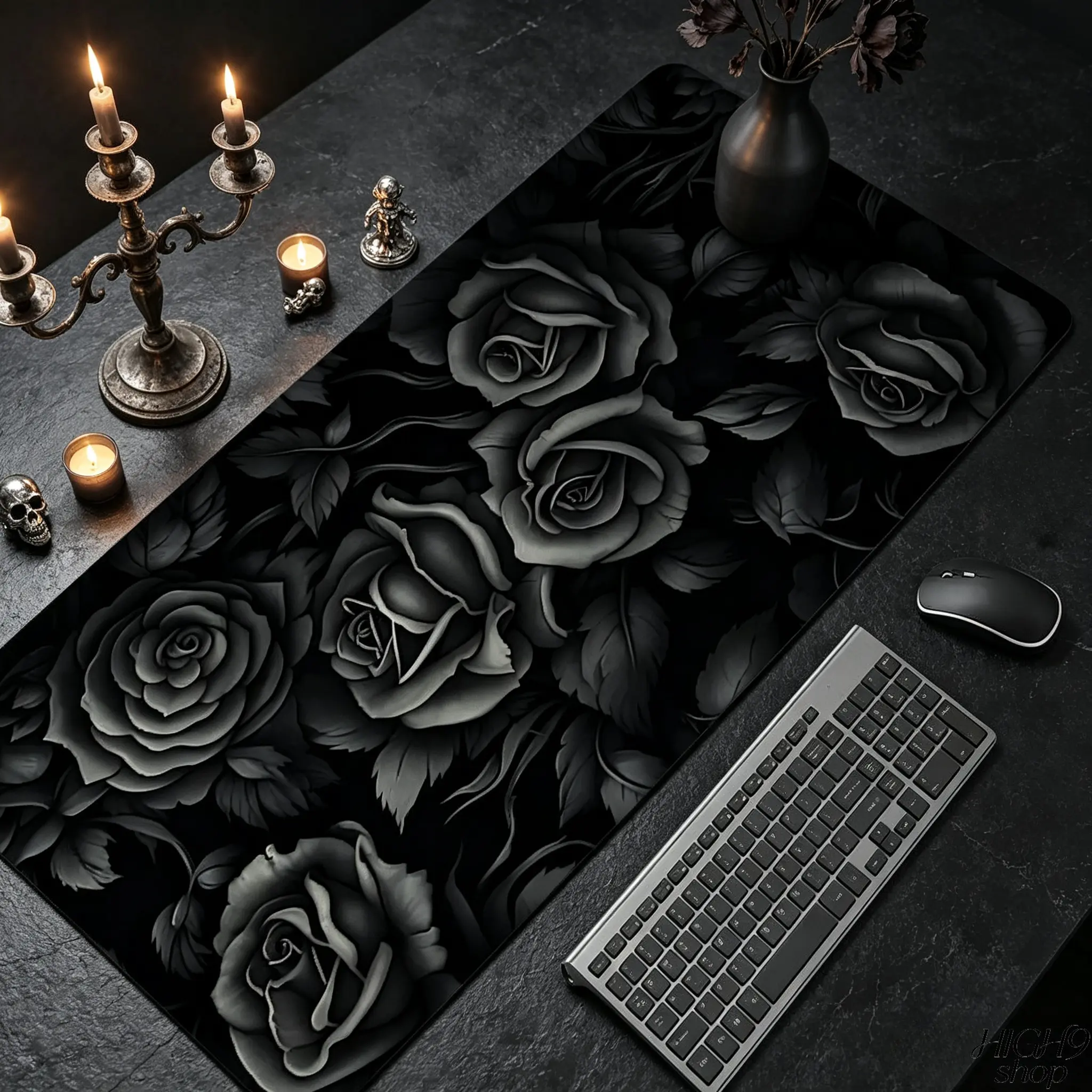 Gothic Dark Black Rose Extended Large Gaming Mouse Pad, Non-Slip Rubber Base Stitched Edge Desk Mat, Aesthetic Desktop Protector for Laptop Desktop Gaming Office, Multiple Sizes Available