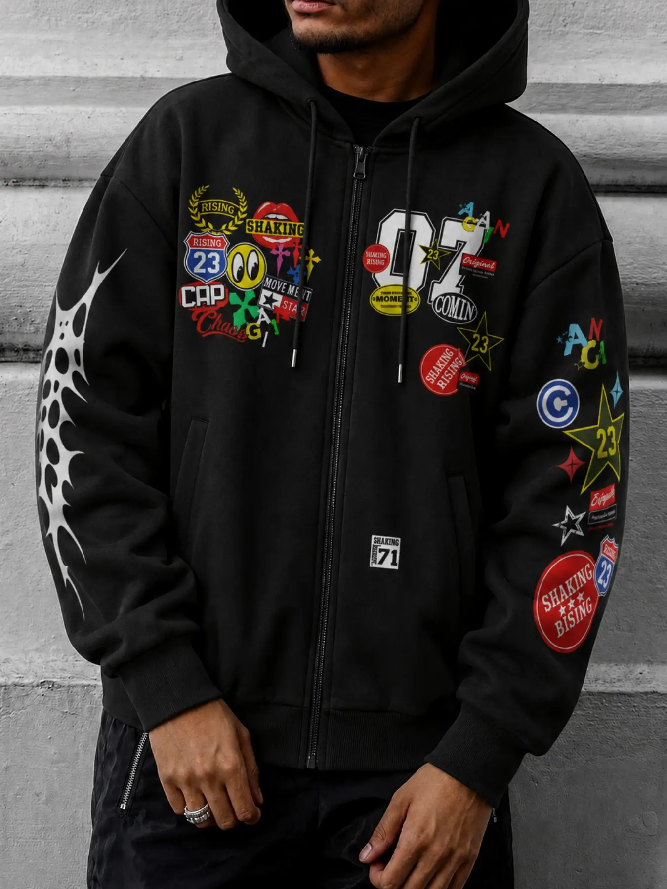 Men's Black Graphic Zip-Up Hoodie, Oversized with Colorful Patch-Style Prints on Front and Sleeves, Retro Y2K Streetwear Top, Hoodies Streetwear for Spring, Fall, Campus Looks, Skate Outfits, Music Festivals, Casual Outfits