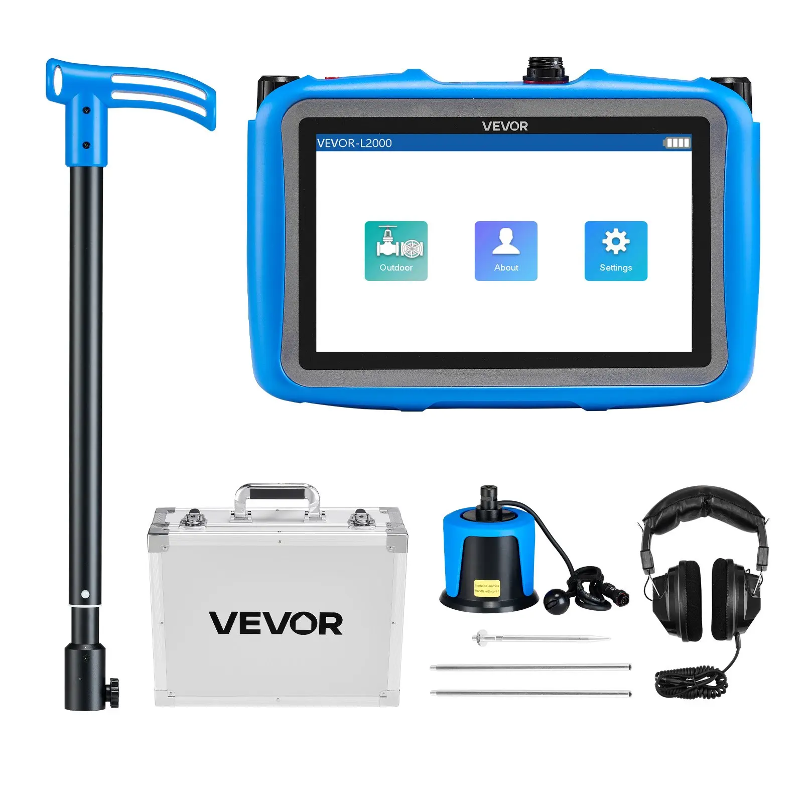 VEVOR Pipe Water Leak Detector for Outdoors, 1Hz-10000Hz, 7" Touchscreen Water Leakage Detection Locator for 16.4FT (5m) Underground Plumbing - with Medium Sensor, 3 Listening Rods, Headphone Case