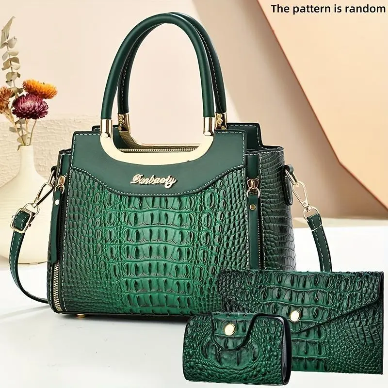 Women's 3-Piece Handbag Set, Elegant Croco Texture PU Leather Structured Satchel with Multi-Pockets, Top Handle Crossbody Bag with Wallet & Coin Purse, Embossed Skin, Snap Closure