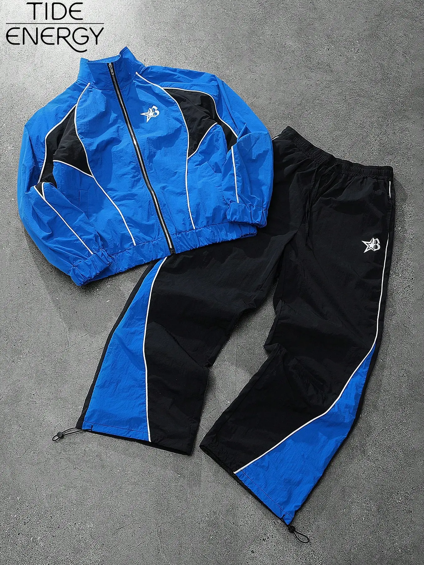 Y2K Retro Colorblock Windbreaker Set, Lightweight Waterproof Nylon, Klein Blue Star Zipper Jacket + Drawstring Wide Leg Pants, Casual Streetwear