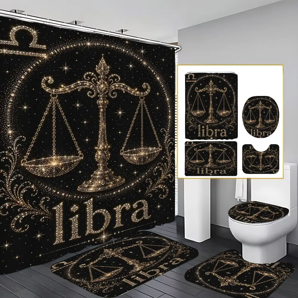 4 Pcs Gold Starry Libra Zodiac Bathroom Set, Waterproof Shower Curtain, Non-Slip Bath Rugs, Mystic Astrology Home Decor