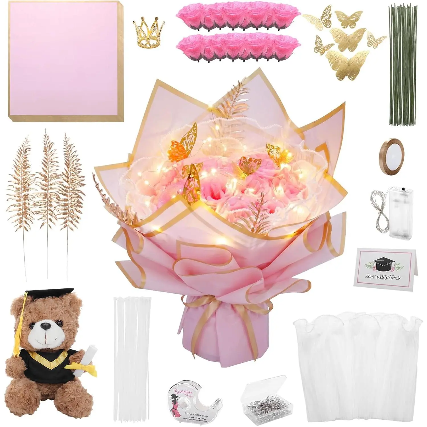 Graduation Flower Bouquet Set DIY Graduation Gifts with Bear Glitter Roses Decorative Bouquet Accessories for College Students Masters Degree University College(Pink)