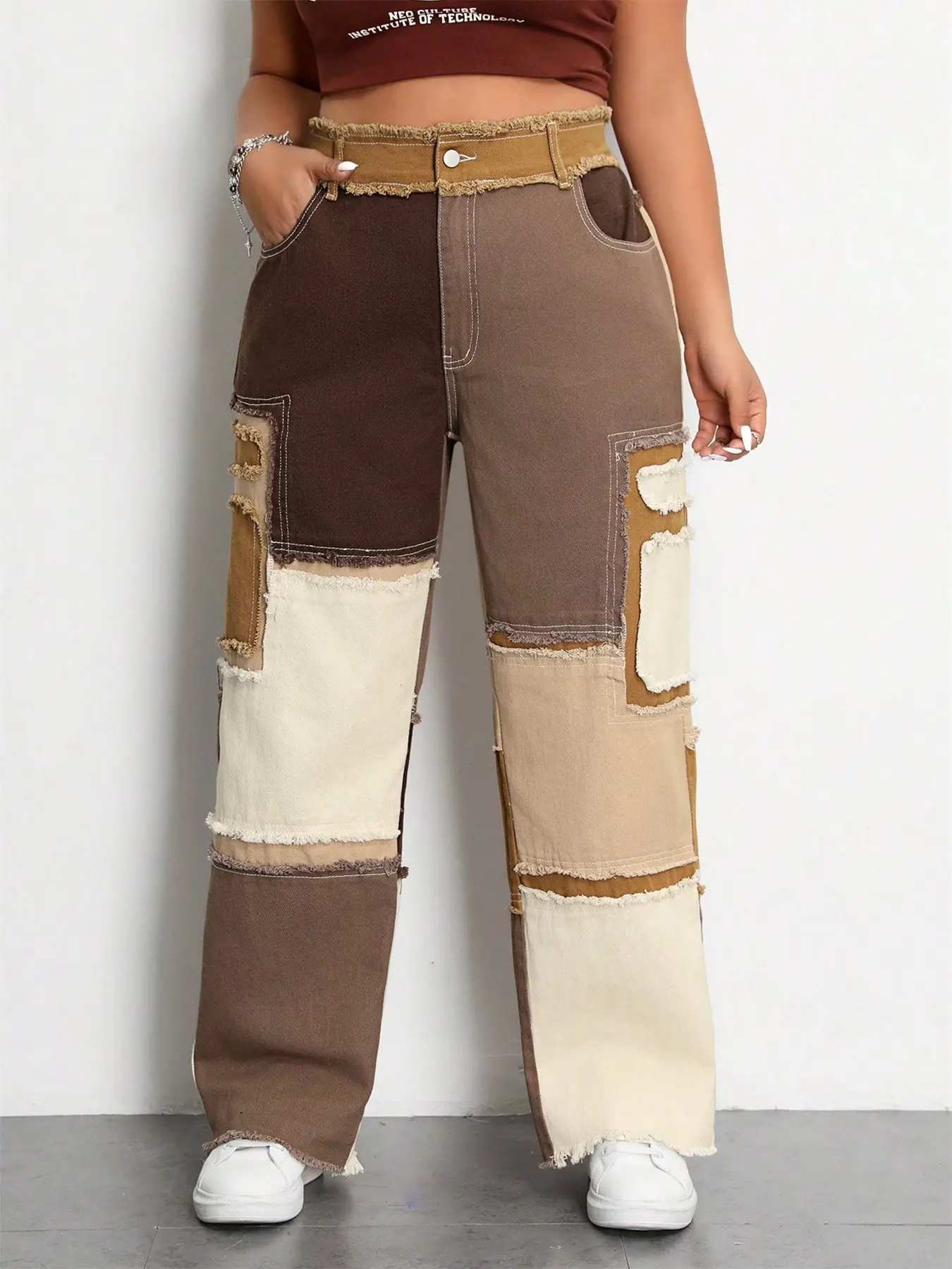 Women's Plus Size Patchwork Denim Jeans, High Waist Asymmetrical Design, Boho Style, Bohemian, All Seasons, Casual Streetwear, Ankle Length