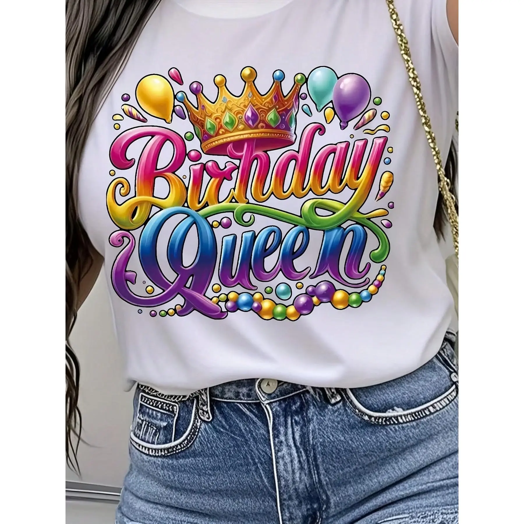 Women's Birthday Queen Graphic Tee, 1 Piece Short Sleeve Party Top in Soft Knitted Fabric, Regular Fit, Festival, Shortsleeve, Polyester, Retro, Women's Clothes, T Shirts For Women