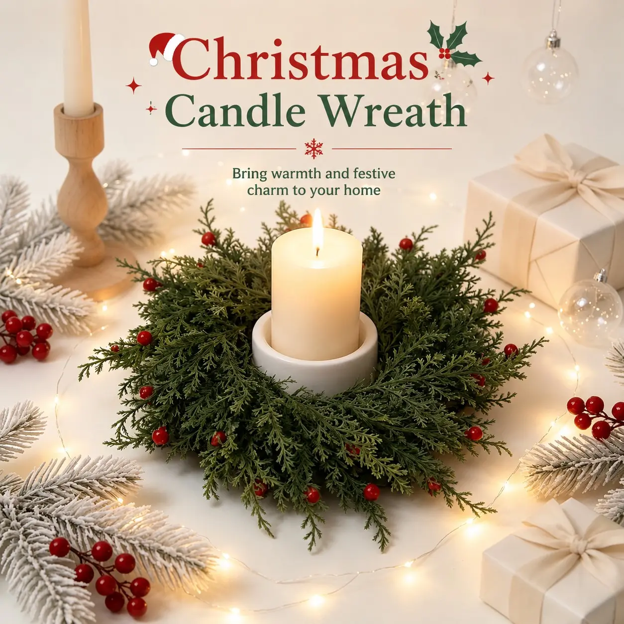 Christmas Candle Ring Artificial Pine Leaf Berry Plastic Wreath, 6pcs Table Dining Room Fireplace Decor, Bouquet of Flowers, Christmas Table Decorations