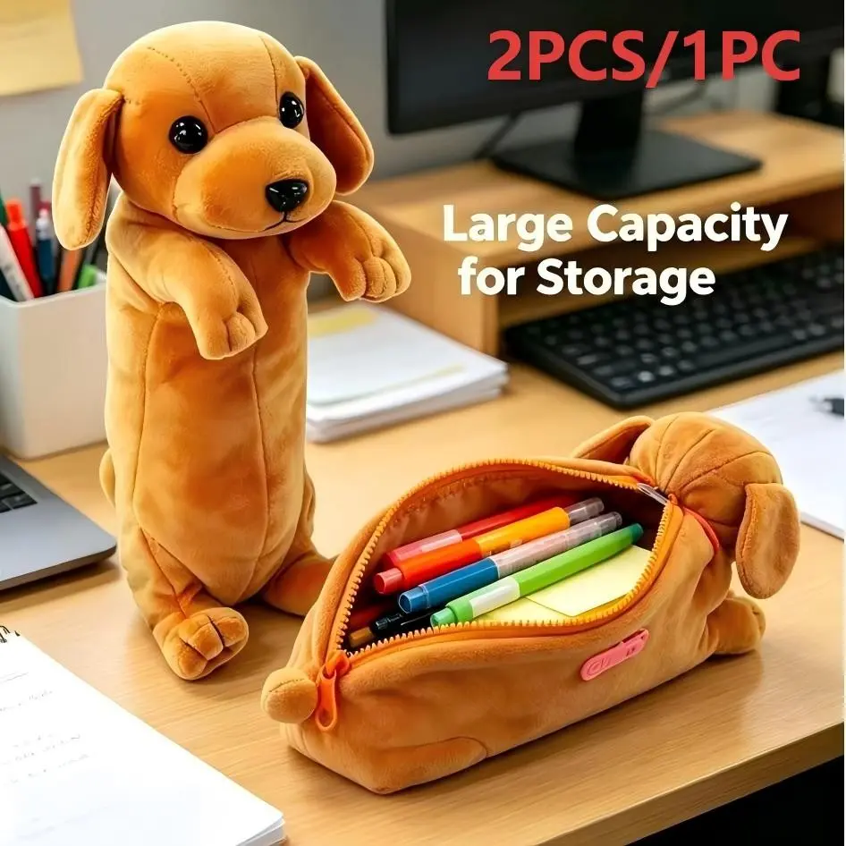 Large Capacity Cartoon Cute Weiner Dog Plush Pencil Case, Student Pencil Box, Holds Pens, Rulers, Erasers, Notes, School Travel Essentials
