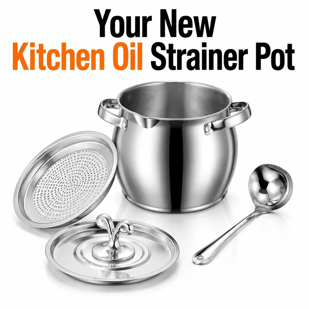 Stainless Steel Oil Strainer Pot with Fine Mesh Filter, Lid & Spoon, Grease Keeper for Bacon Fat Lard Deep Frying Oil Storage, Heat Resistant Multifunction Stock Container, Detachable Kitchen Canister with Dual Handles for Home Cooking Pantry Organization