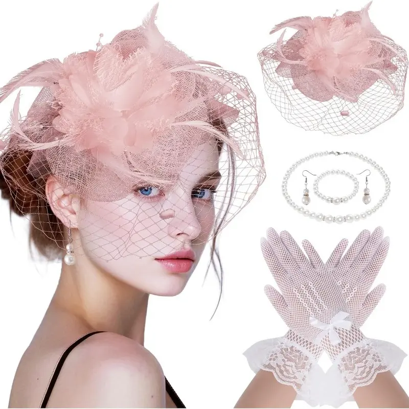 5PCS Pink Fascinator Costume Accessories Set, Veil Feather Hat, Lace Gloves, Pearl Necklace, Earrings and Bracelet for Tea Party