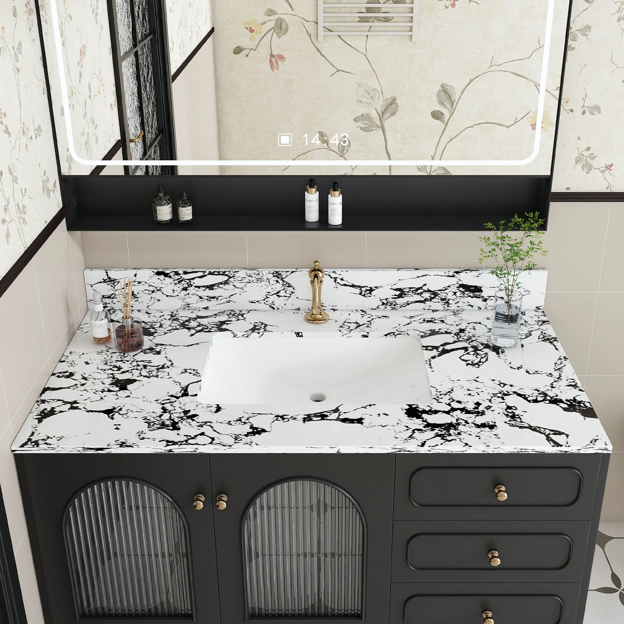 ARCH 43x22 Inch Artificial Marble Bathroom Vanity Top with Undermount Ceramic Sink and Backsplash, New Carrara White and Black, Pre-Drilled Single Hole, Modern Countertop for Bathroom Remodel, Bathroom Furniture for Vanity Area, Storage, Remodel