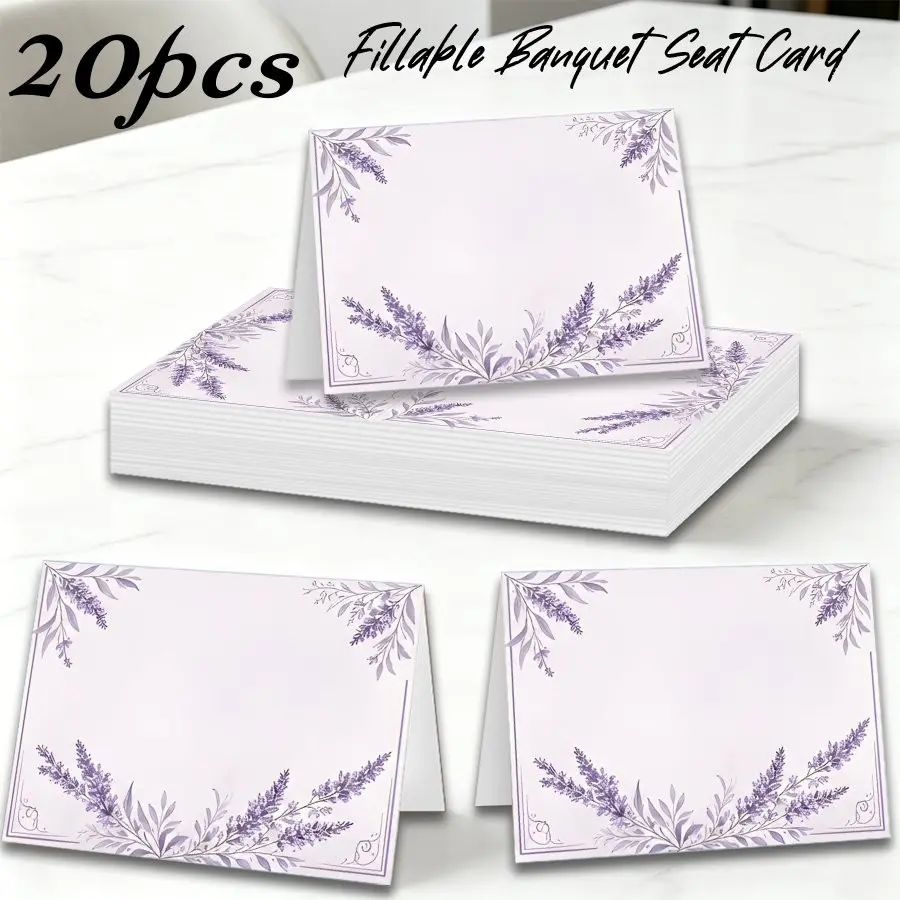 20 Pcs 3.5 x 4.7 Inch Purple Lavender Floral Foldable Table Place Cards, Blank Name Seating Cards, Table Decor Supplies For Wedding, Birthday, Banquet And Celebration Occasions