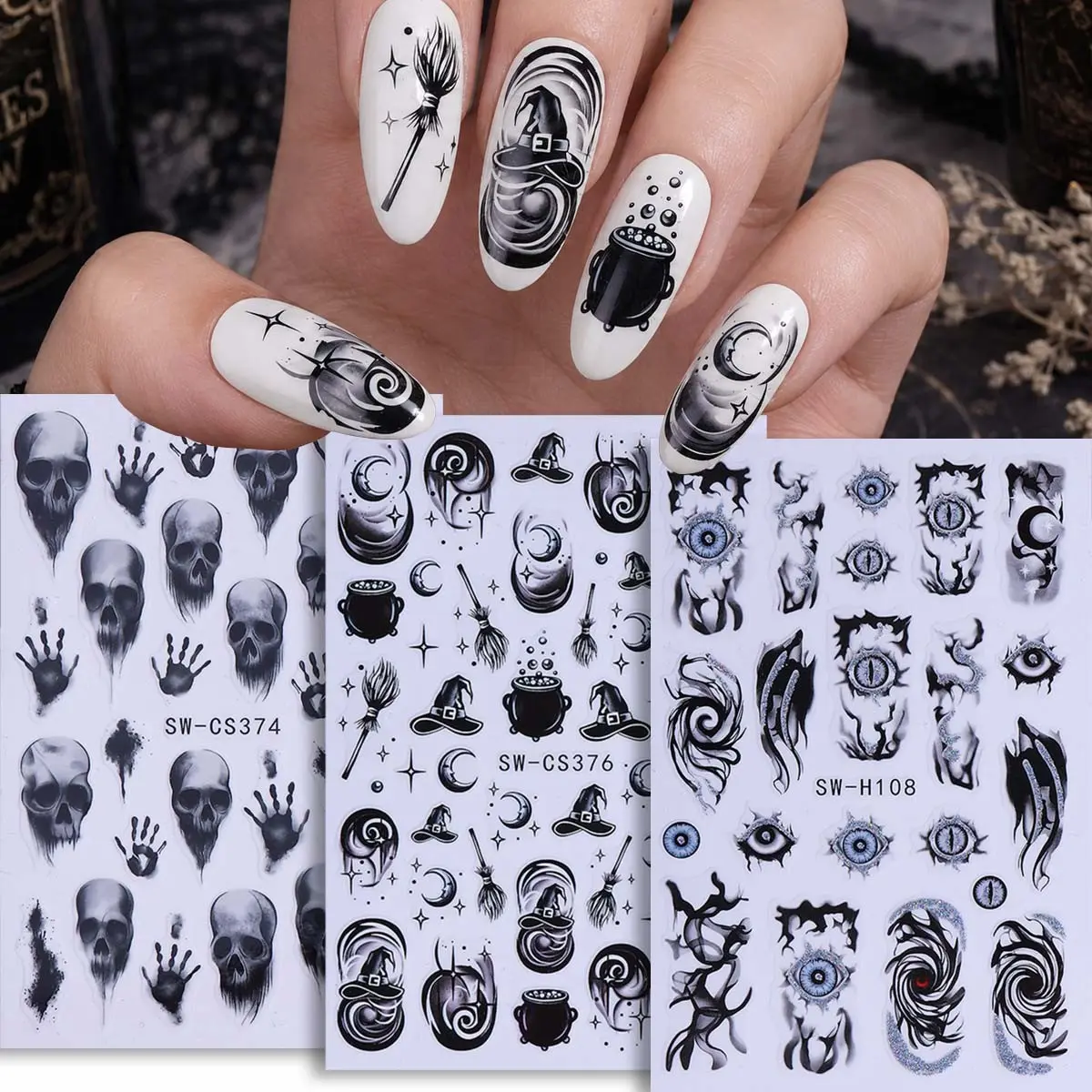 3 Halloween Celebrations Nail Art Stickers, Skull Ghost Devil Eye Witch Broom Self-Adhesive Decals, Perfect for Girls' Festival Nail Decorations