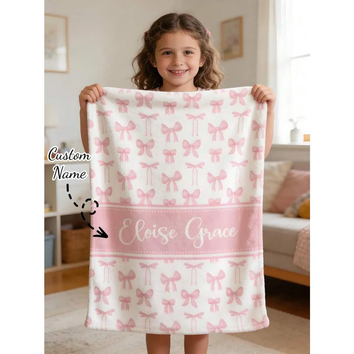 Personalized Pink Bow Throw Blanket, Watercolor Flannel Blanket, Soft Cozy Warm Cover, Custom Name Eloise Grace Design, Gift for Her Girl Daughter Baby, Sweet Nursery Kids Room Cute Decor