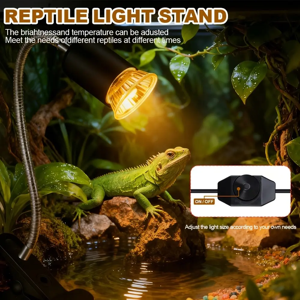 Us Plug 360° Adjustable Reptile Heating Lamp, 2 Bulbs, Independent Switch, 25w/50w/75w, Ideal for Turtle Lizard Terrariums