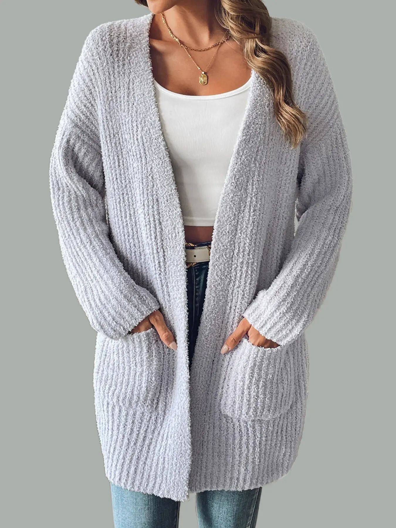 Women's Medium-Length Knit Cardigan, Knitwear, Three Colors Available, Dual Pocket Design, Casual Slim Fit, Perfect for Office and Home, Tops