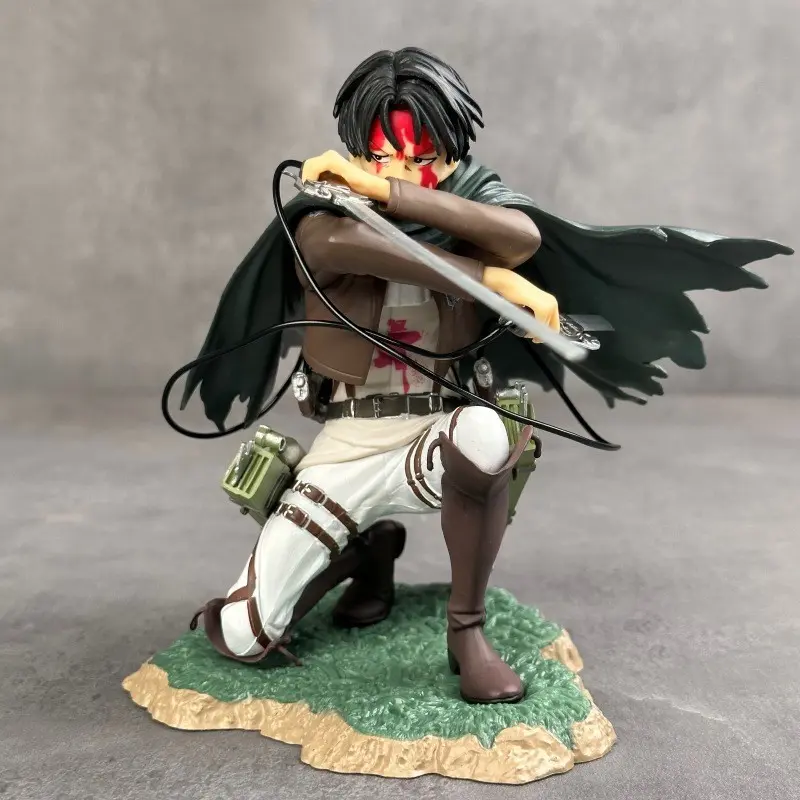 Attack on Titan Levi Handmade Figure 14cm, Kneeling Pose, Grass Base, Anime Desktop Decoration Gift, Collectible Model, Mini Figure, Collectible Figurine