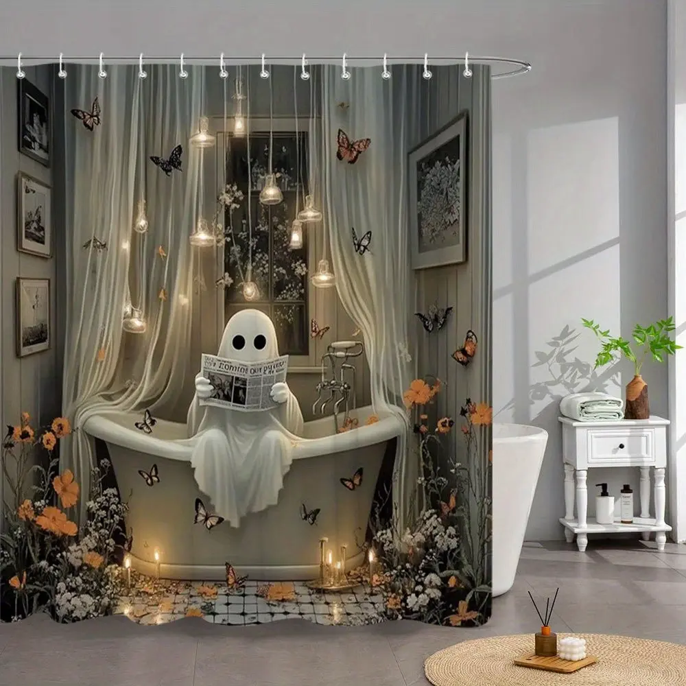 Halloween Bath Curtain, Spooky Horror Design with Floating Flowers and Butterflies, 70.8 X 70.8 Inches, 12 Hooks, Polyester