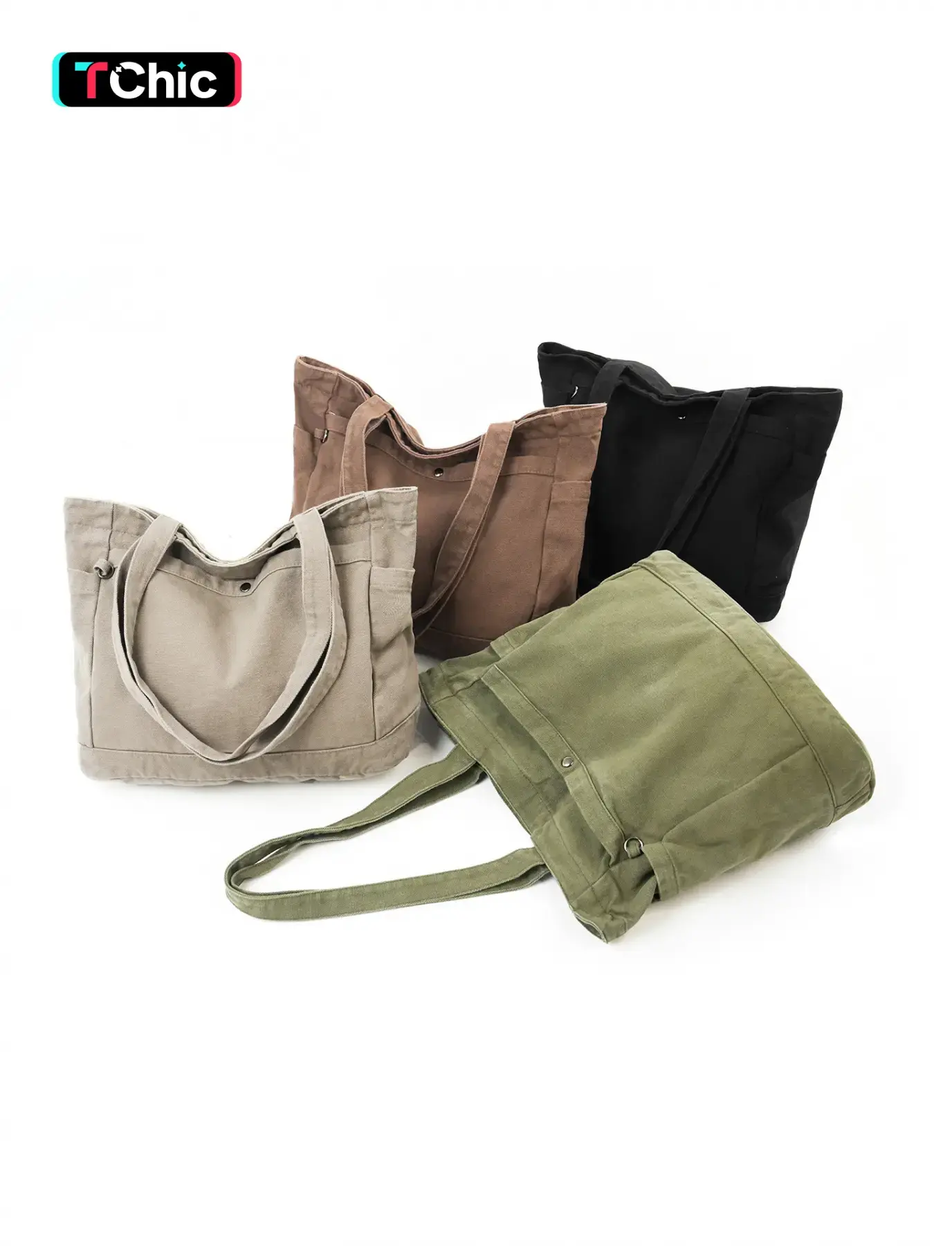 Large capacity vintage vintage tote bag, solid color, multiple pockets, washed canvas bag, streetwear style, simple and casual shoulder bag, work shopping bag, Everyday Tote Bag, Canvas Tote Bags