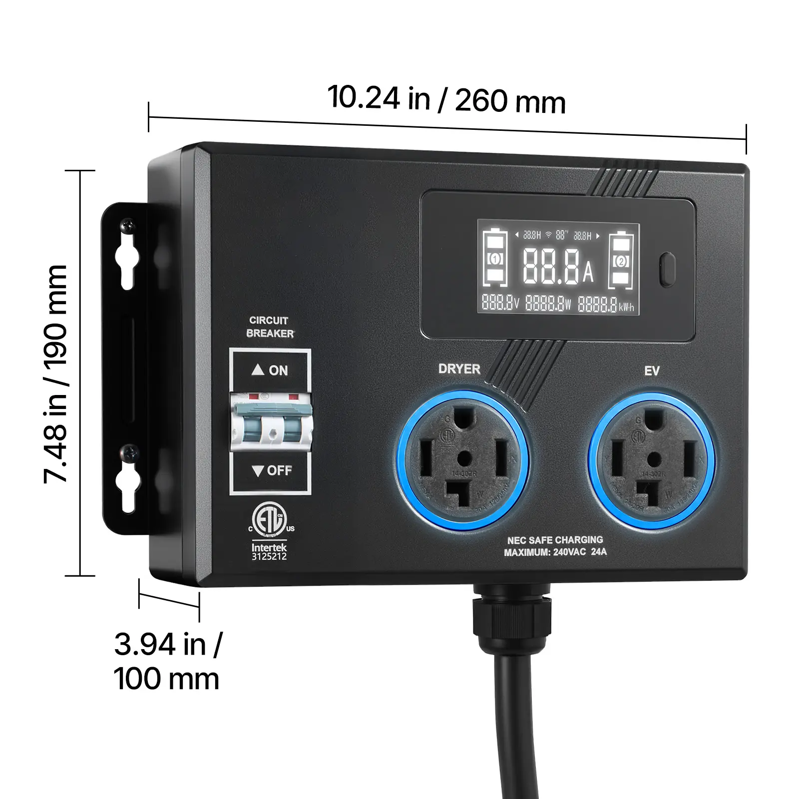 Automatic EV Charging Switch, NEMA 14-30, Splitter Switch for Dryer & EV Charger, 24A Max 240V Smart Power Distribution with Circuit Breaker, Real-Time Display, Ovens, Dishwashers, ETL