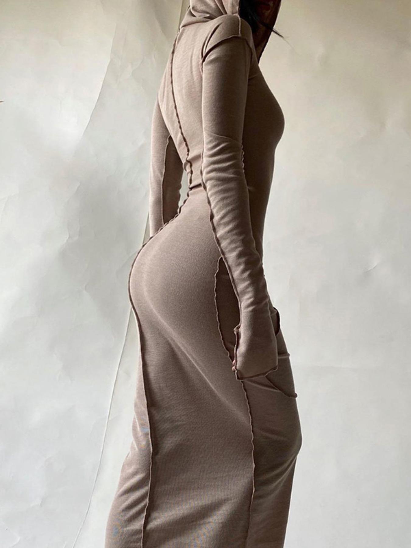 Women's Plain Drop Shoulder Hooded Bodycon Dress, Casual Long Sleeve Solid Long Dress for Fall & Winter, Women's Clothing
