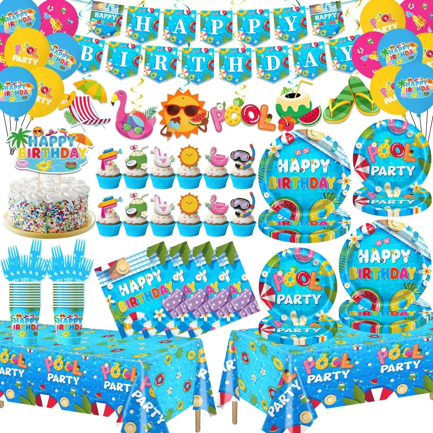 136Pcs Hawaiian Theme Pool Party Kit - Complete Decor & Tableware Supplies with Banner, Round Balloons, Cake/Cupcake Toppers, Swirly Prints Hanging Swirls for Summer Birthdays