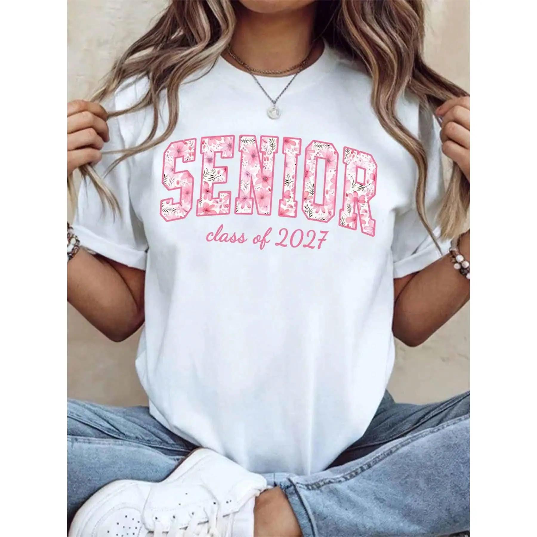 Senior Class Of 2027 Floral Print T-Shirt For Graduation Celebration Women's Casual White Top Spring Summer Outfit,220g