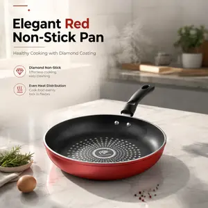 Red Non-Stick Frying Pan with Lid, Diamond Coating Skillet with Even Heat Distribution, Easy Clean Cookware for Gas Induction Stoves Home Kitchen Breakfast Steak Cooking