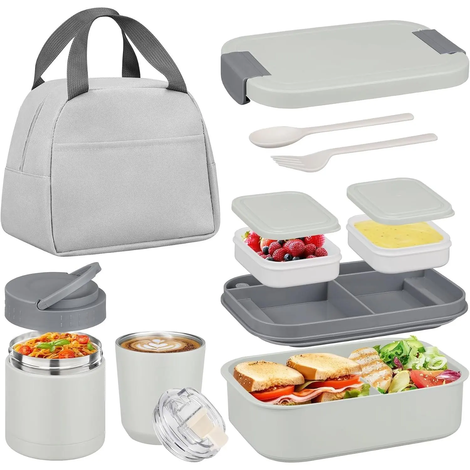 Bento Lunch Box Set with 10.5oz Soup Thermo Food Jar for Adults Kids, Stainless Steel Leak-proof Lunch Container with 4 Compartment, Coffee Tumbler with Lunch Bag for School Travel Office-GreyGift.