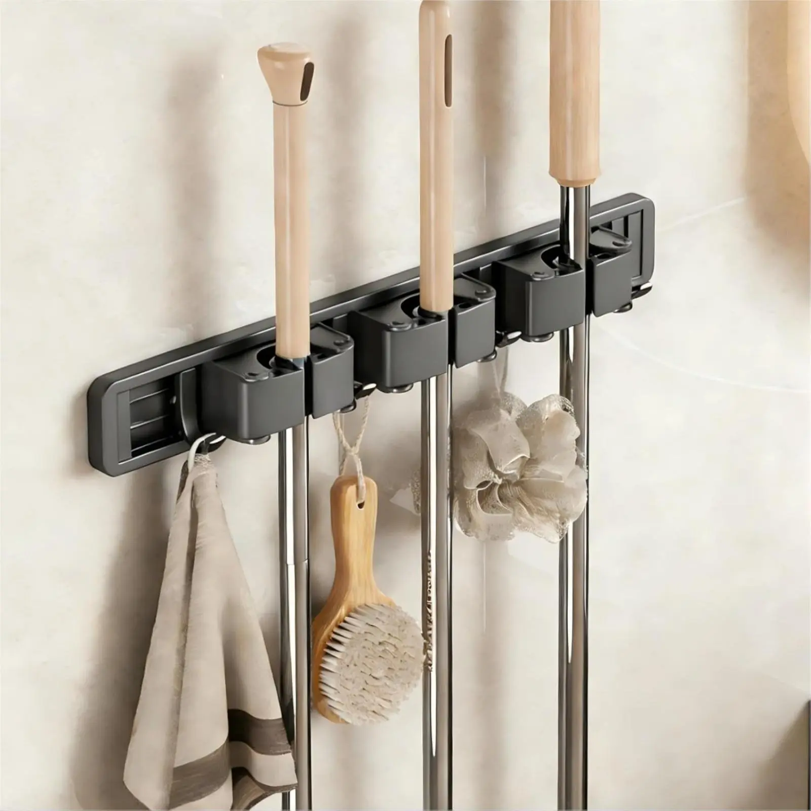Wall Mounted Broom and Mop Rack with Adjustable Hooks, Space-Saving Cleaning Tool Storage Hanger, Heavy-Duty Wall Organizer for Narrow Spaces, Multi-Purpose Mop Holder for Kitchen, Garage, Laundry Room and Household Cleaning Supplies Storage
