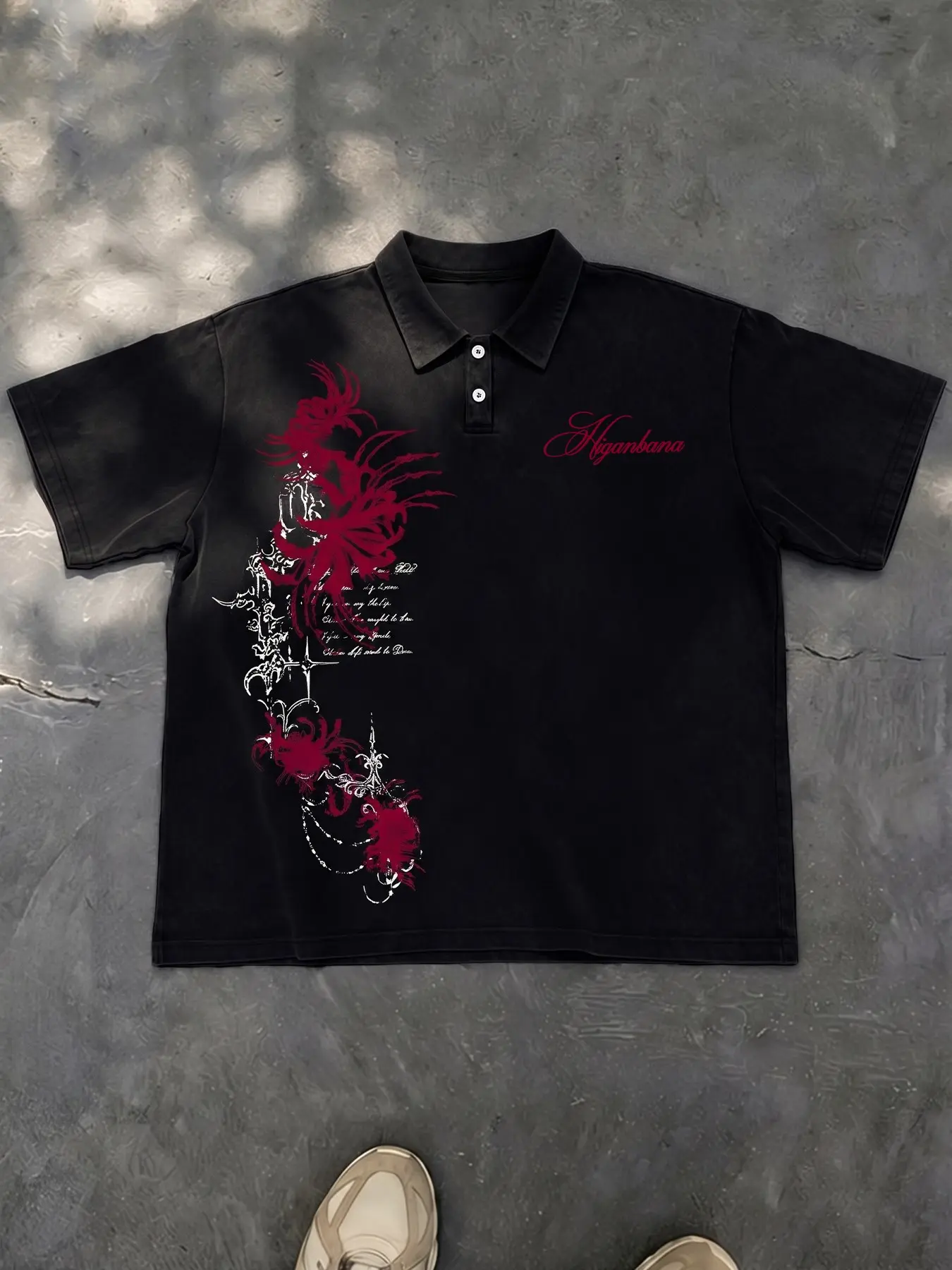 Men's Solid Black Short Sleeve Polo Shirt, Red Higanbana Spider Lily Gothic Graphic Print Regular Fit Top, Script Letter Chest Print Casual Back To School Streetwear Tee, Collared Polo Shirt, Summer Polo Shirts