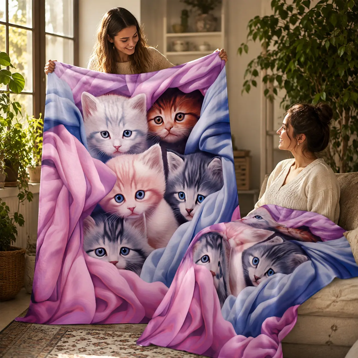 Cute Kitten Plush Throw Blanket, Soft Cat Print Fleece Blanket for Couch Bed Sofa, Cozy Lightweight Pink Purple Cat Lover Blanket, Warm Decorative Throw for Girls Kids Teens Women, Bedroom Dorm Home Decor Gift, All Season, 40x30/50x40/60x50/80x60 in