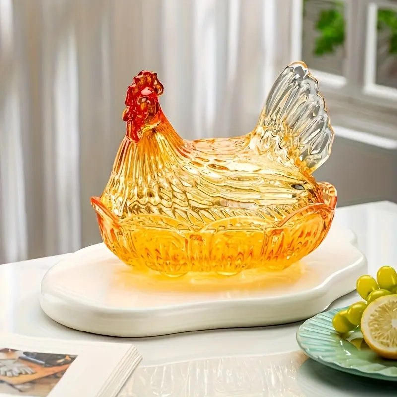 PABHAN Exquisite and durable waterchicken crystal glass candy plate, garden style fruit plate with lid, candy bowl, colorful table dessert plate, snack bowl, egg plate, kitchen accessories, home living room decoration, lovers, Easter gifts