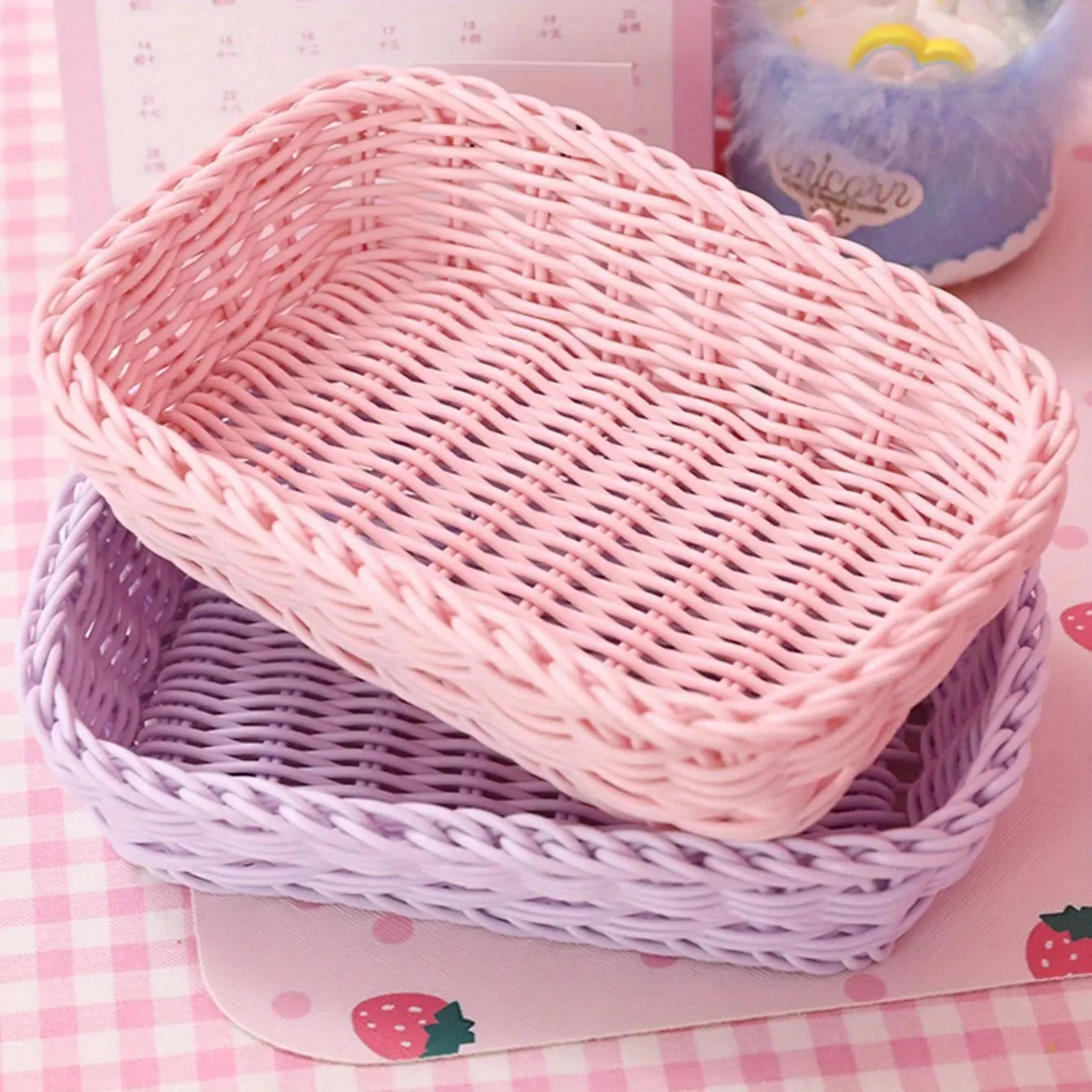 Contemporary Striped Woven Composite Plastic Storage Basket - Wheat Plastics Composite Multipurpose Organizer for Kitchen, Bedroom, Home Supplies, Ideal Gift for Friends, Family