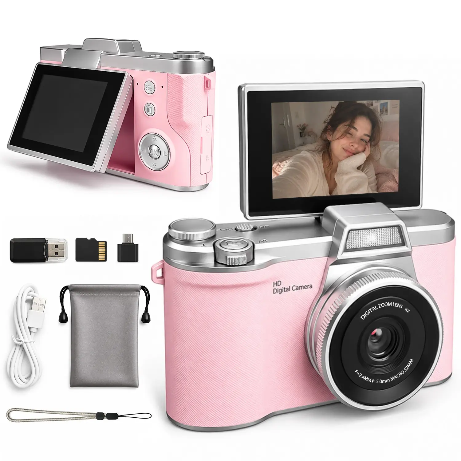 Latest Flip Digital Camera, Easy Video Recording, Simple Interface, Ideal for Outdoor Selfies, Includes Memory Card and Reader, Perfect for Students and Beginners
