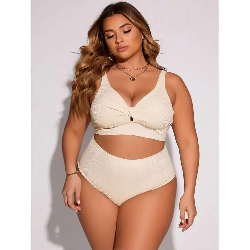 Plus Size Bikini Sets, 2026 Vacation Style, Minimalist Cream Ribbed Fabric Beach Wear, Multi-Size, Chic Comfortable Swimwear for Beach Use