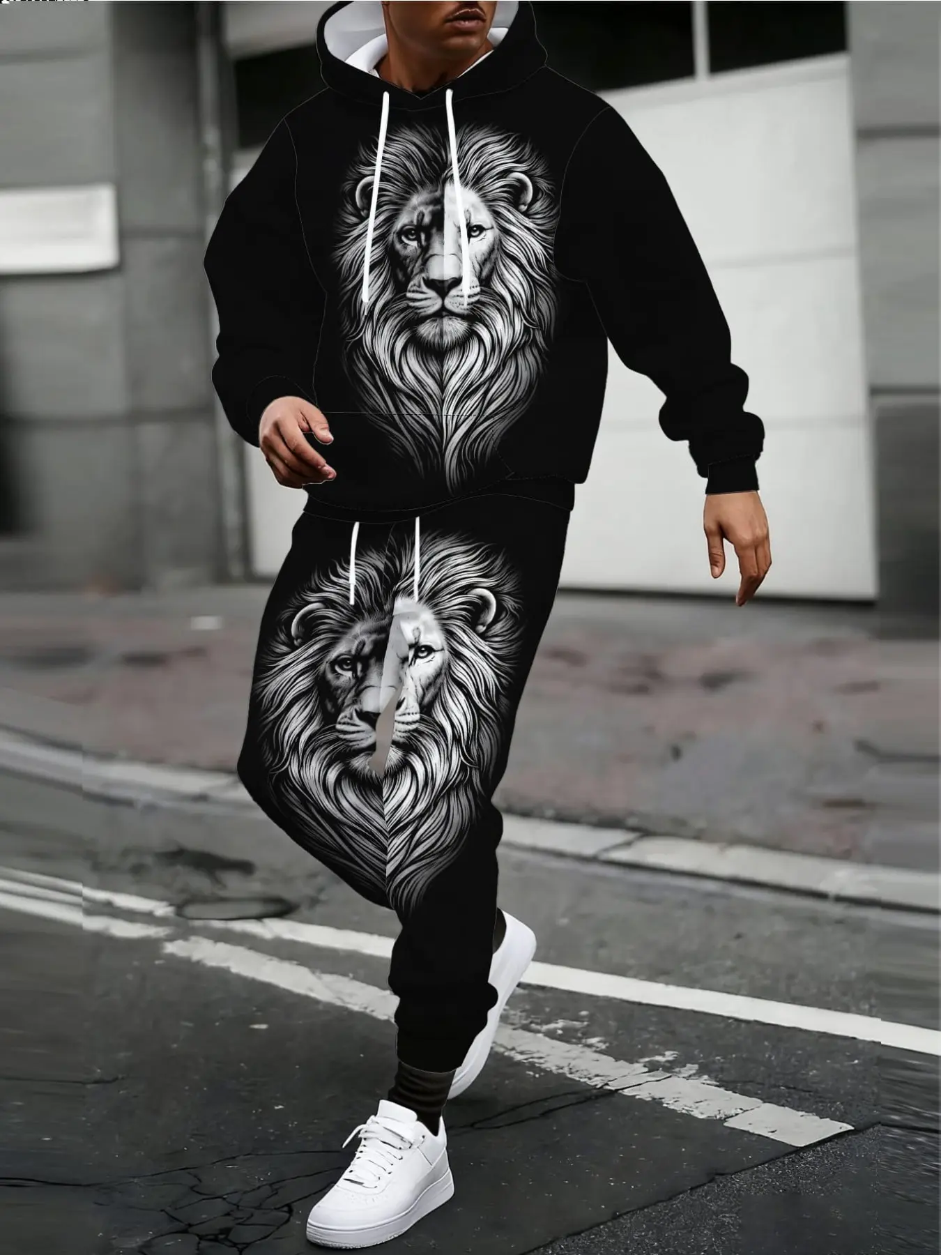 Men's 3D Leopard Print Hoodie Set, Trendy Sportswear Two-Piece, Casual Street Style, Long Sleeve Fitted Sweatshirt & Sweapants