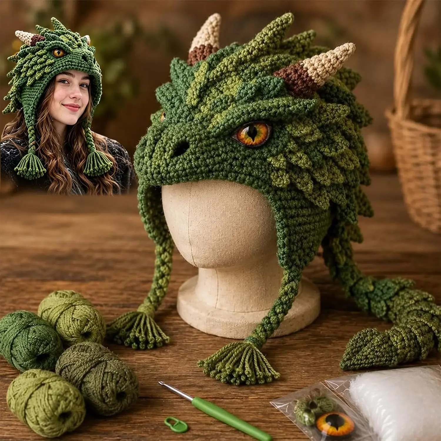 Fantasy Hood Hat DIY Crochet Kit Series, Animal Hood Hat DIY Crochet Kit for Beginners, Complete Great Experience, Tutorial Guide, Yarn & Hook, Gift for Adults,Dragon