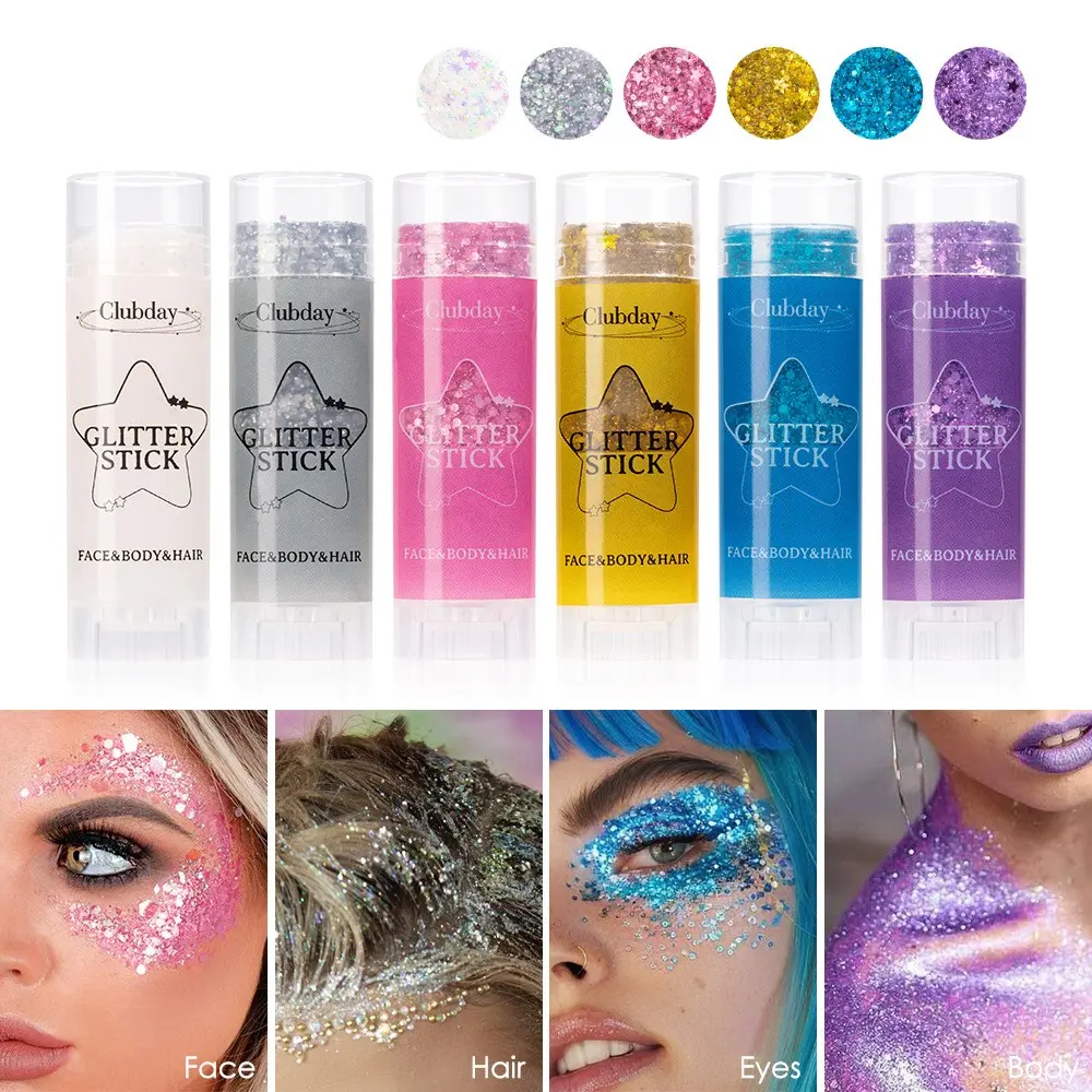 6Pcs Rotatable Glitter Stick Set, Glitter Cosmetic, Star Shimmer Large Sequins Eyeshadow, Sweatproof Waterproof Long-Lasting No Fallout, Multi-use for Face Body & Hair, Bright Glitter for Festival Party Creative Makeup