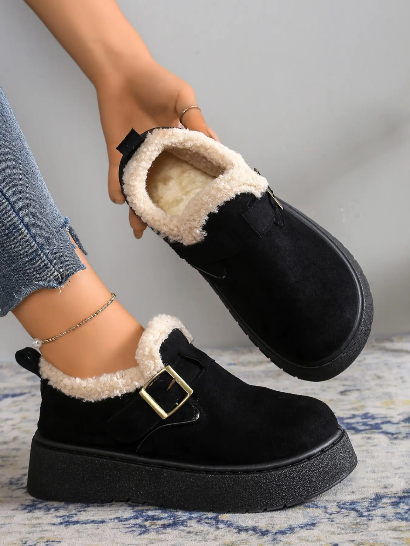 Women's Thick Sole Cotton Shoes, Warm Fuzzy Snow Boots, Retro Buckle Design, Height-Boosting Slip-On Lazy Shoes, Fall Winter 2026