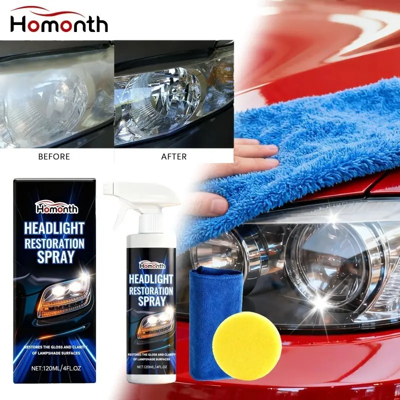 Headlight Restoration Spray 120ml Instant Shine Restorer Car Lens Cleaner Polish Kit with Sponge Towel 3 in 1 Polishing Restoration Set Drive safe