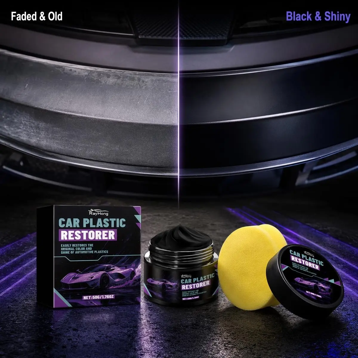 Car Plastic Part Renewal Care Wax, Vehicle Interior Exterior Bumper Door Panel Brightening, Polish Kit with Sponge, 50g