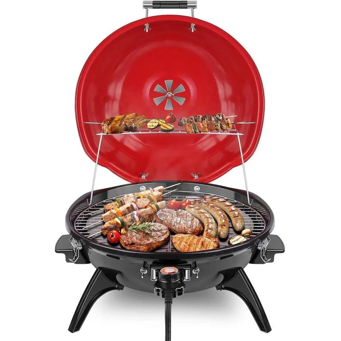 Electric BBQ Grill 15-Serving Indoor/Outdoor Electric Grill for Indoor & Outdoor Use, Double Layer Design, Portable Removable Stand Grill, 1600W (Countertop BBQ Grill)