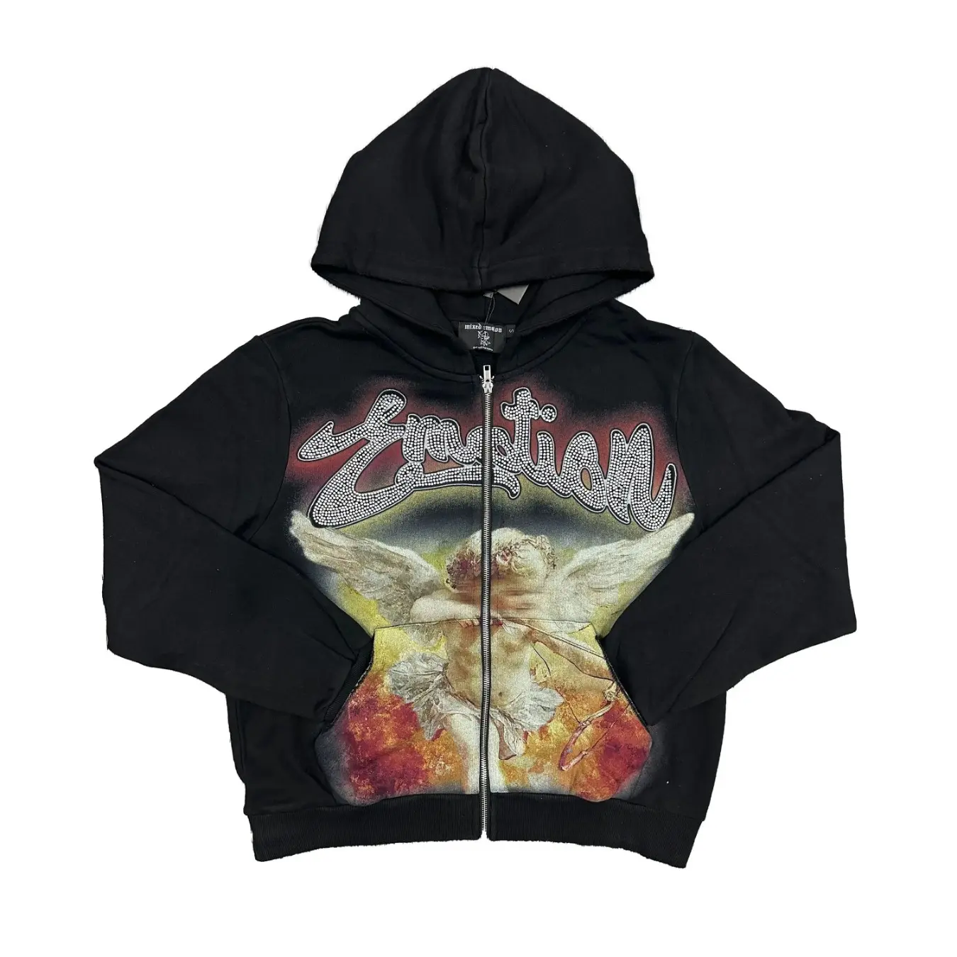 MIXED EMOTION Black Rhinestone Angel Graphic Hoodie, Heavyweight Cotton Pullover, Vintage Religious Artwork, Y2K Hip Hop Streetwear, Rock Inspired Oversized Unisex Fashion
