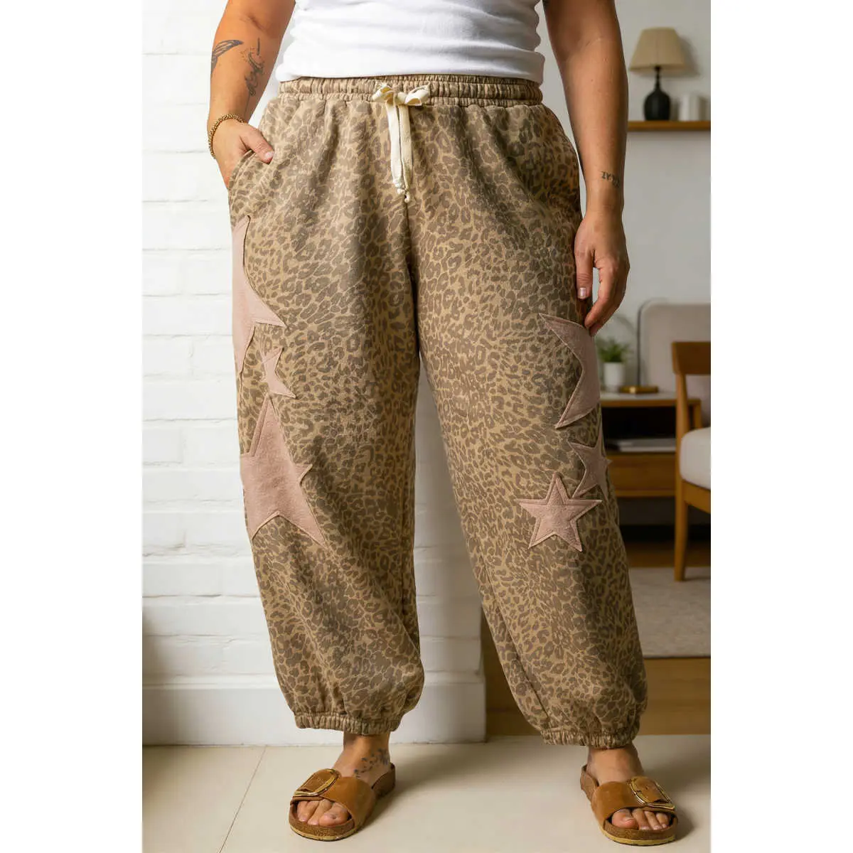 Khaki Plus Size Leopard Print Western Star Patched Jogger Pants