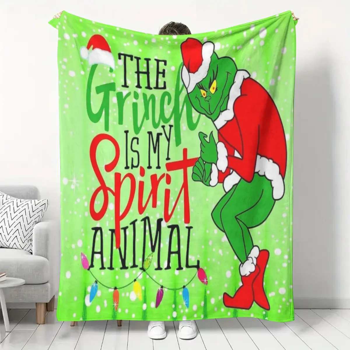 Christmas Grinch Flannel Blanket, Cute Cartoon Pattern, Soft Comfortable, Home Decor, Decorative Throw Blanket, Perfect Holiday Gift, Ca Prop 65 Compliant