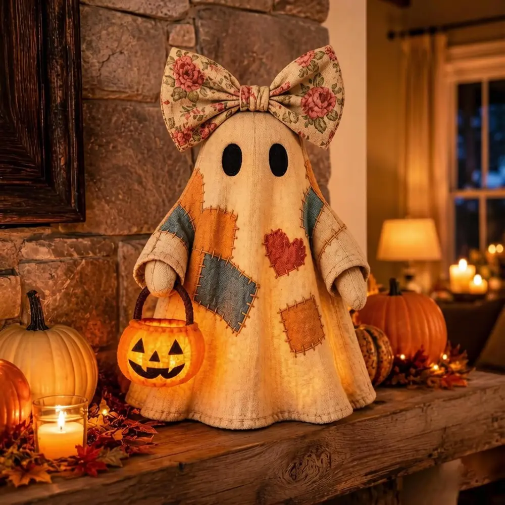 Lighted Vintage Patchwork, Light Up with Pumpkin Lantern Halloween Decor, Vintage Halloween Patchwork Ghosts Lamp, Rustic Fall Figurine Decoration for Mantel Shelf Entryway Porch