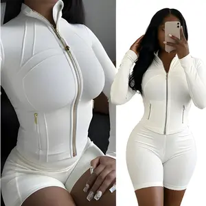 Breathable Elasticity Gym Set - Women's 2 Piece Workout Set Zip-Up Jacket & Shorts - Casual Activewear for Fitness & Athleisure Trend..
