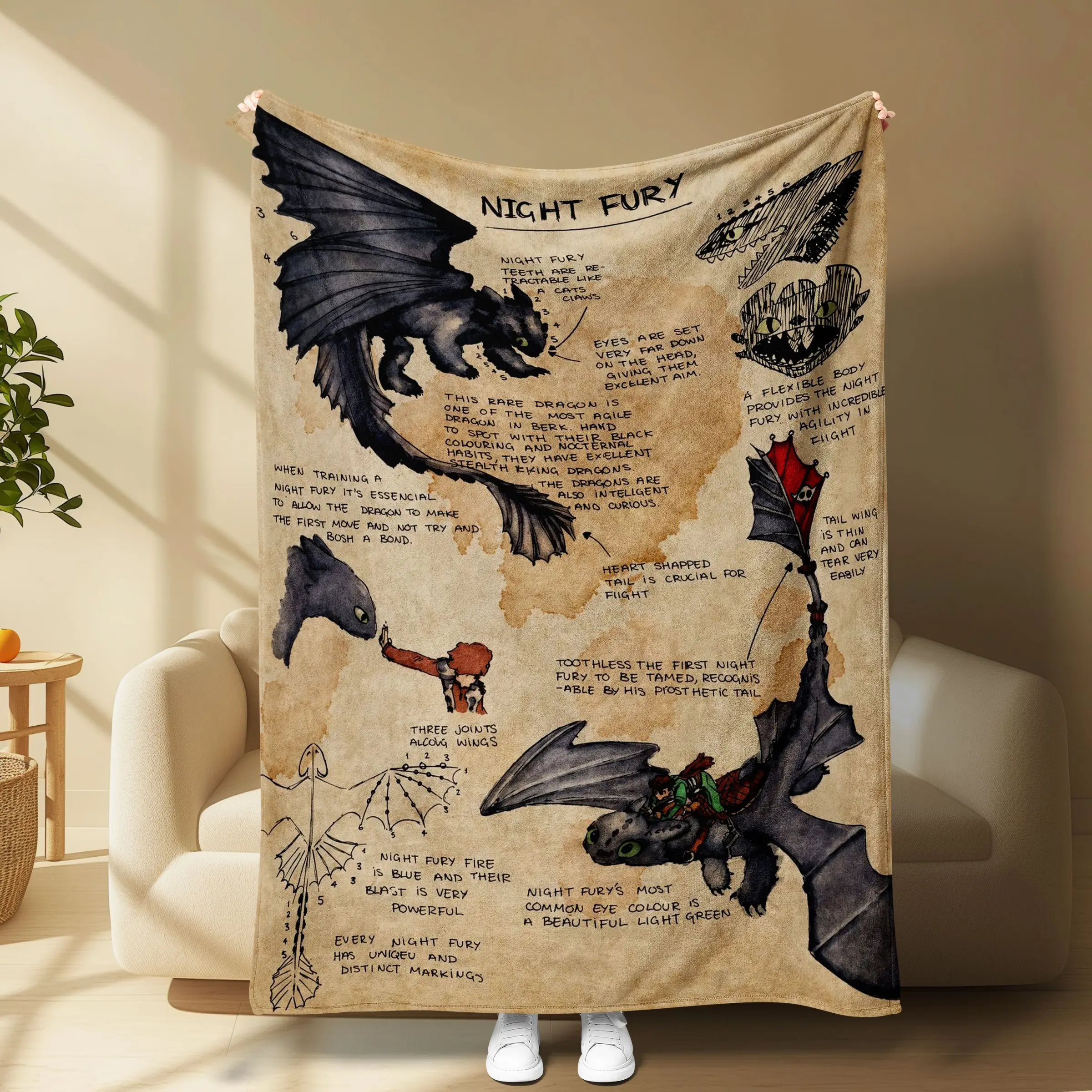 How to Train Your Dragon Toothless Vintage Sketch Throw Blanket, Soft Flannel Night Fury Pattern, Bedroom Sofa Fan Gift, Decorative Sofa Blanket
