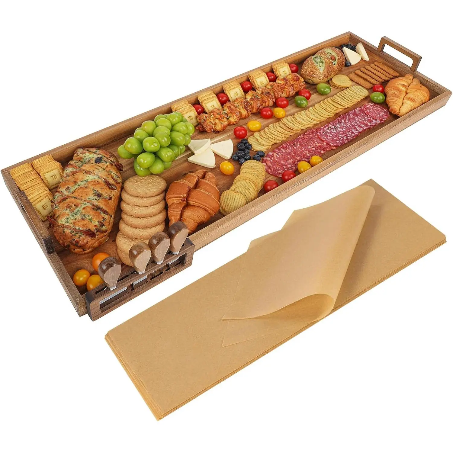 Large Charcuterie Board with Cheese Knife Set,36 x 12 Inch Acacia Wood Large Serving Tray with Handles,Long Wooden Serving Board with 30Pcs Wax Paper,3ft Extra Long Cheese Board