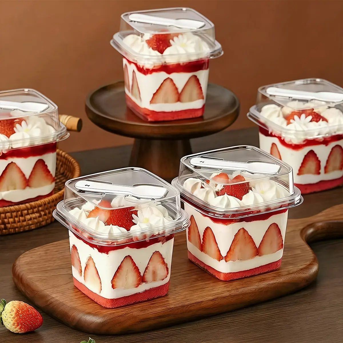 20/50 Set Square Transparent Plastic Food Containers Covered Packaging Boxes, Flip Lid with Spoon, Ideal for Mousse Cake, Fruit Ice Cream, Yogurt, Desserts